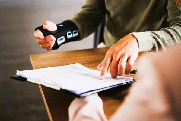 Persona con férula en la mano revisa una carta oficial, relacionada con la incapacidad laboral permanente.