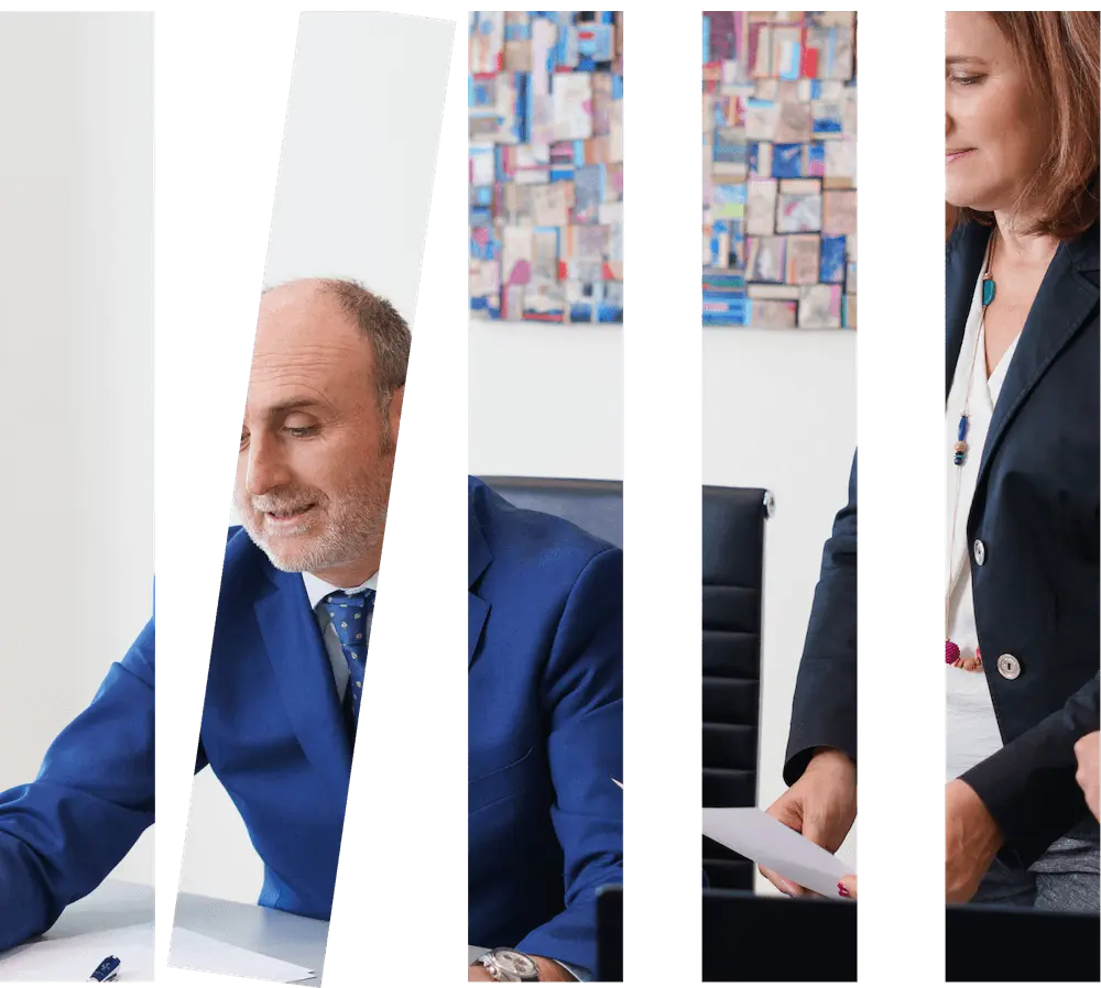 Montaje gráfico de abogados de Javaloyes Legal trabajando en equipo, representando conexión y profesionalidad.