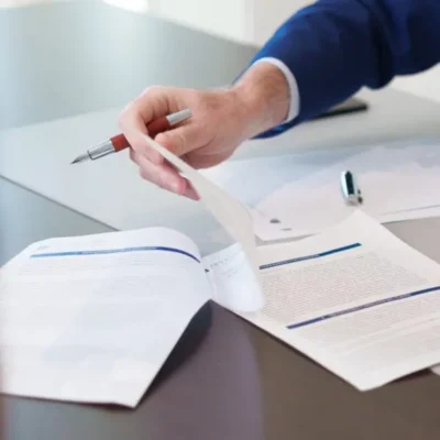 Abogado de Javaloyes Legal revisa un documento jurídico con bolígrafo en mano en su mesa de trabajo.