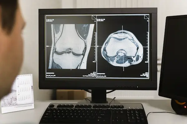 Exploración de resonancia magnética de una rodilla con edema óseo, asociado a una posible incapacidad laboral.
