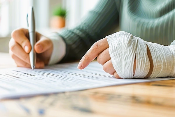 Persona con mano vendada rellena formulario, representando reclamación previa al INSS por incapacidad laboral.