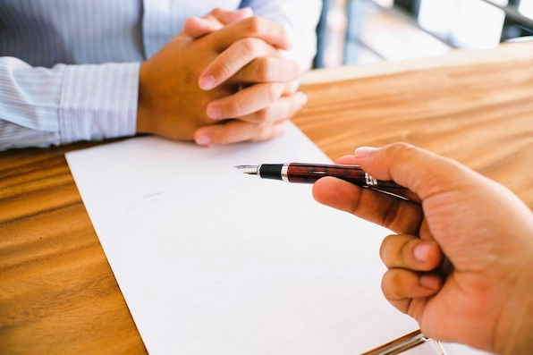 Persona señala un documento sobre una mesa ante otra con manos cruzadas, en contexto de herencias entre tíos y sobrinos.