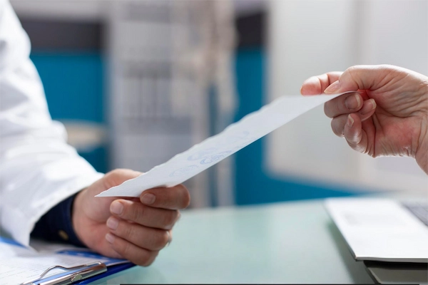 Persona entrega un documento a un profesional sanitario, representando una reclamación dirigida a Atención al Paciente.