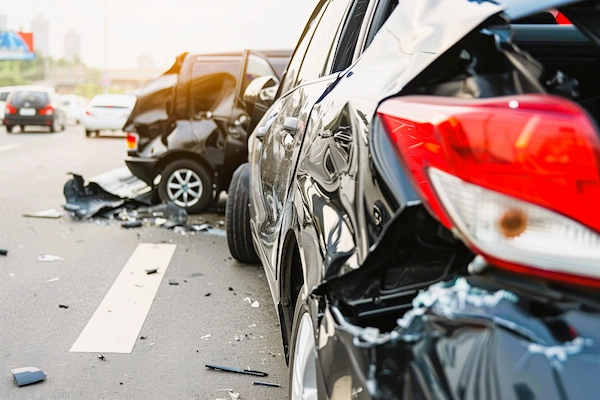 Colisión entre varios coches en carretera, representando la necesidad de calcular indemnizaciones por accidente de tráfico.