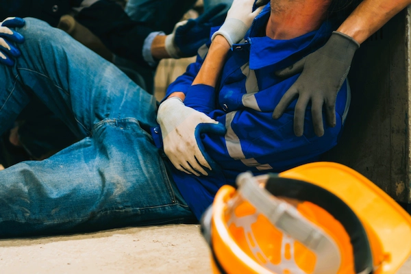 Obrero herido en el suelo asistido por compañeros, simboliza la indemnización por accidente laboral.