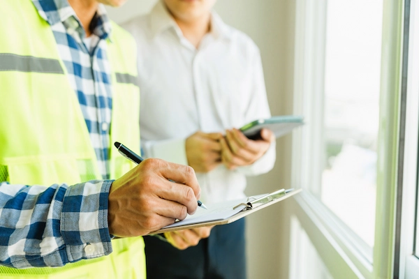 Inspector de trabajo revisando documentos en empresa durante una inspección laboral oficial.
