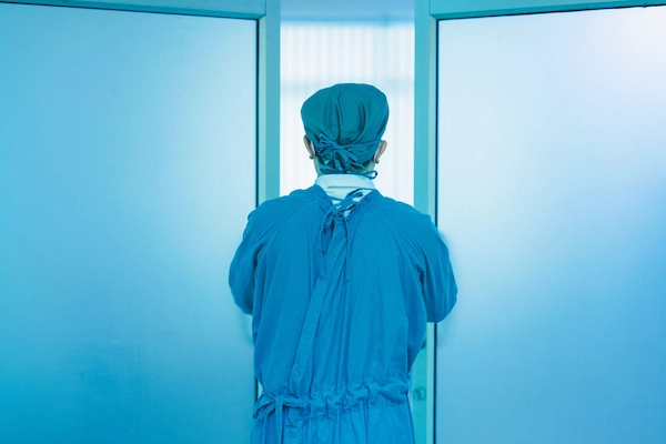 Cirujano ante puertas de quirófano que representa errores en cirugías y posibles negligencias médicas sanitarias.