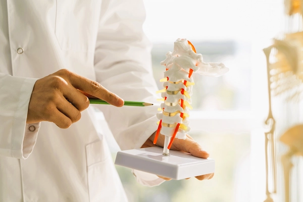 Profesional sanitario señalando un modelo de columna para explicar la estenosis foraminal, causa frecuente de incapacidad laboral