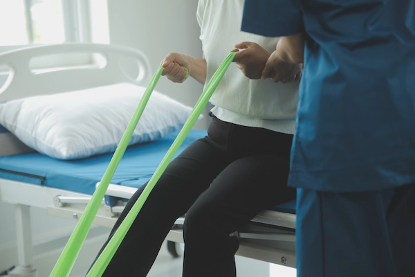 Paciente realiza rehabilitación asistida tras hemiplejía, posible consecuencia de negligencias médicas en la atención sanitaria