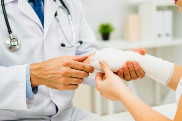 Médico vendando la mano de un trabajador tras un accidente laboral en la empresa.