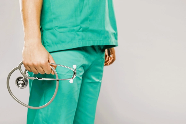 Sanitario con uniforme y estetoscopio, símbolo de responsabilidad patrimonial por negligencia médica pública.