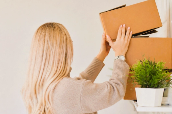 Trabajadora moviendo cajas en oficina; representa cambio de lugar de trabajo dentro de la misma empresa, traslado interno laboral