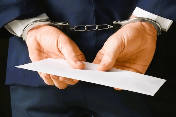 Manos con esposas sosteniendo dinero, símbolo de delitos de fraude y exacciones ilegales según el Código Penal.