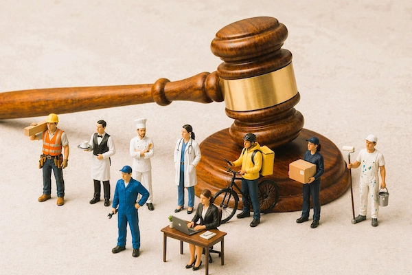 Mazo judicial junto a figuras de trabajadores, representando delitos contra sus derechos laborales y su protección legal