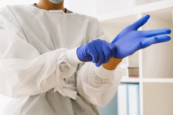Profesional sanitario colocándose guantes, representando negligencias médicas por bacterias hospitalarias e infecciones nosocomiales