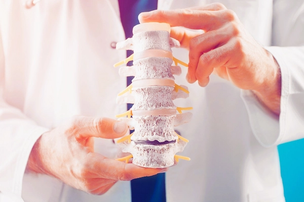 Médico mostrando maqueta de columna vertebral, representando negligencias médicas en lesiones medulares y sus consecuencias legales