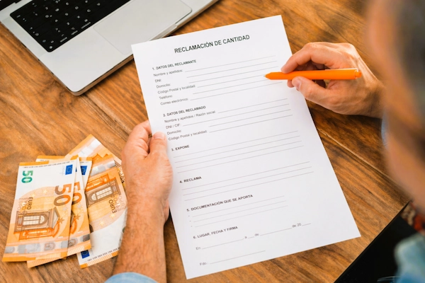 Persona rellenando reclamación de cantidad con dinero, representando proceso legal para reclamar deudas económicas