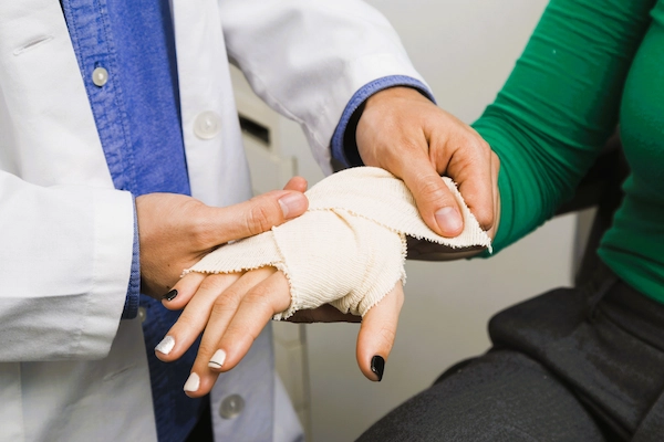 Médico vendando mano de paciente, ilustrando plazo legal para reclamar un accidente laboral y derechos del trabajador