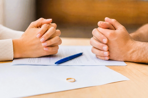 Pareja con anillo y documento firmando medidas provisionales de divorcio, decisiones temporales sobre hijos y bienes.