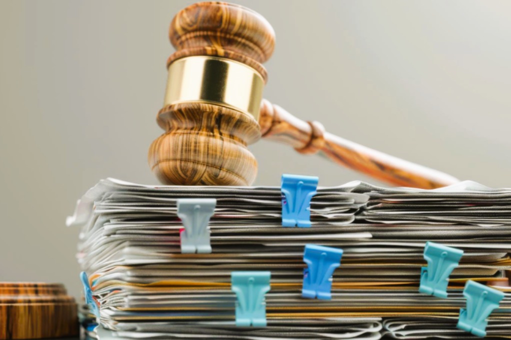 Mazo judicial sobre expedientes simboliza recurso de casación contencioso-administrativo, revisión legal ante el Tribunal Supremo.