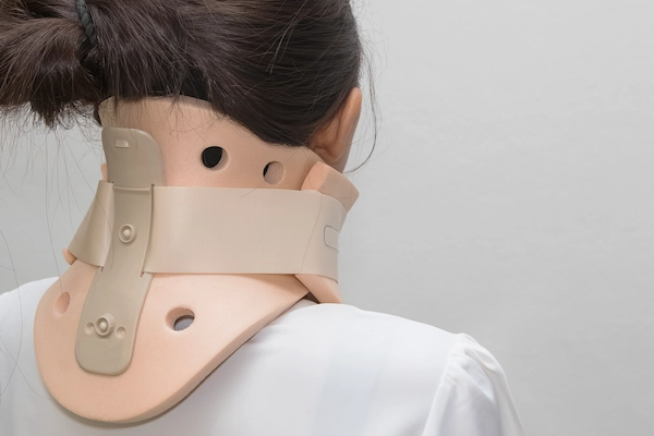 Persona con collarín cervical tras un accidente laboral, representando un latigazo cervical y su posible indemnización.